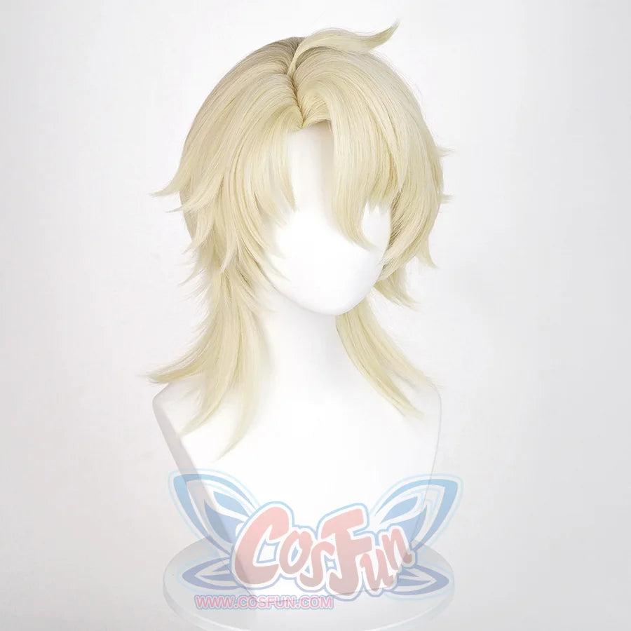 Genshin impact varka light blonde cosplay wig, featuring 3/7 side-parted bangs.