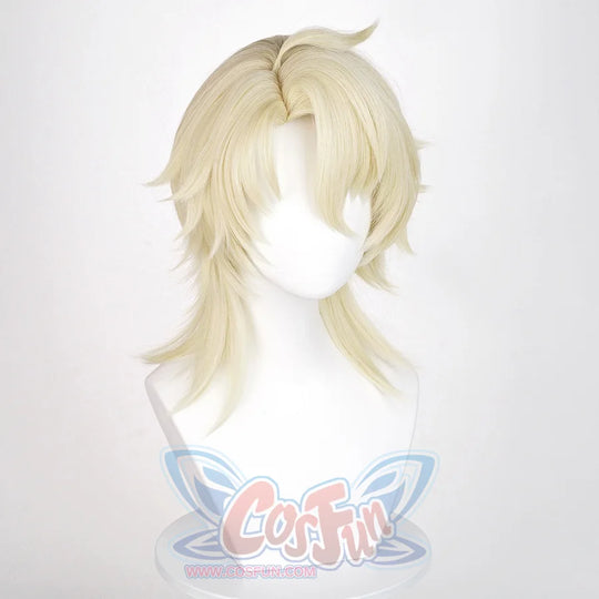 Varka cosplay wig right side view displaying light blonde wolf cut hairstyle with textured layers