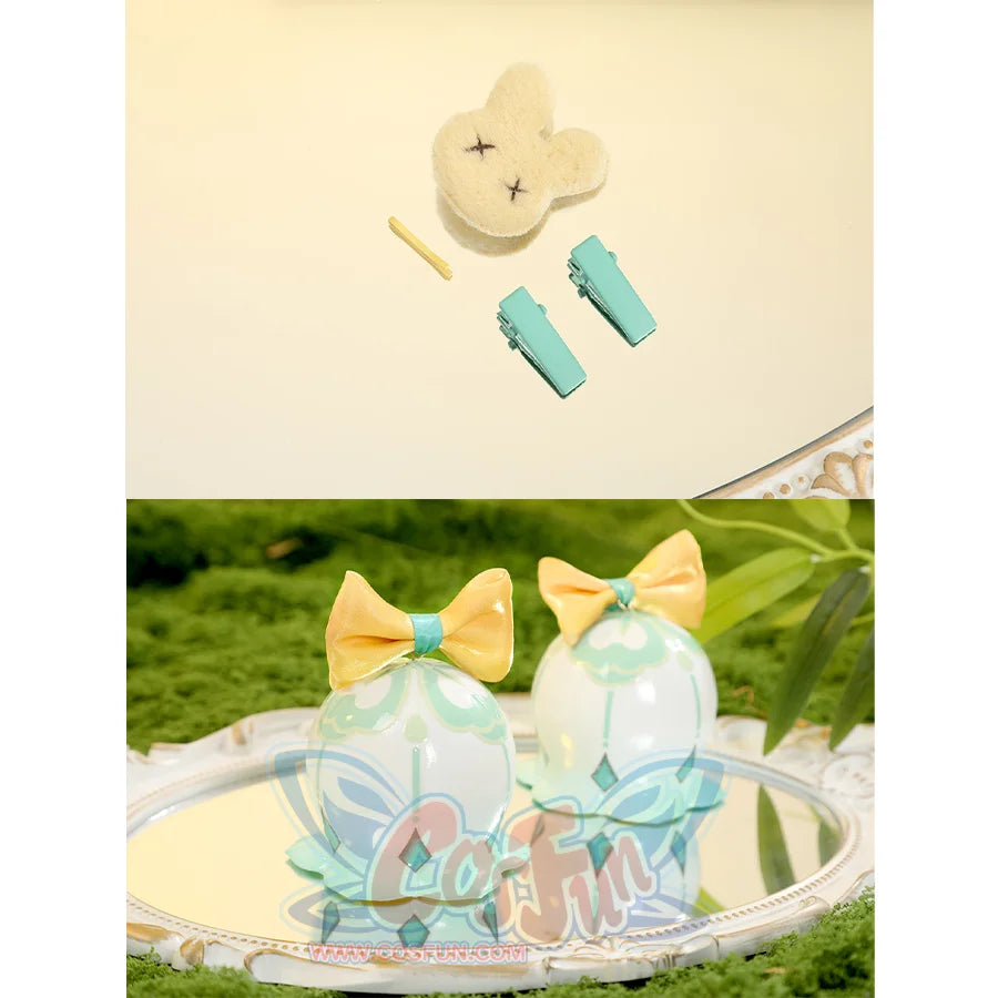 Yaoyao cosplay costume accessories set including teal ribbons, yellow bows, white flower hairpin, and teal clips