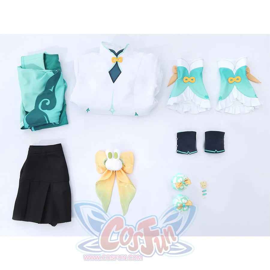 Genshin Impact Yaoyao cosplay complete set gathers white jacket, teal sleeves, black skirt, and gold ornamental pins.