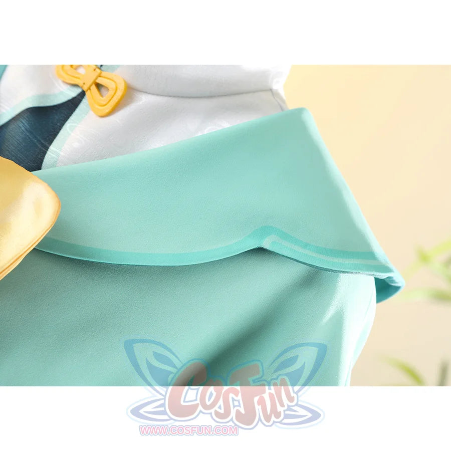 Genshin Impact Yaoyao cosplay coat drops teal off-shoulder collar over white turtleneck and yellow bow detail.