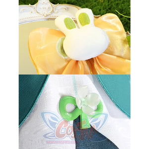 Yaoyao cosplay costume decorations featuring white bunny pom-pom with green ears and green ribbon bow accents