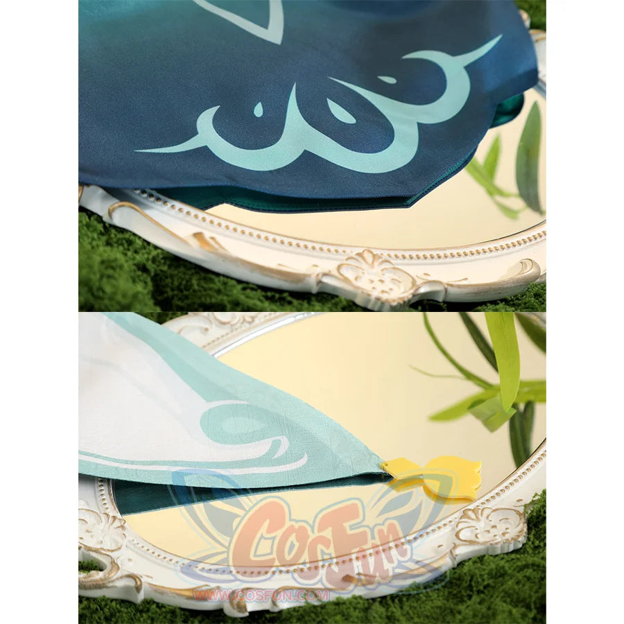 Genshin Impact Yaoyao cosplay scarf traces light blue flame patterns across dark blue fabric and yellow butterfly accent.
