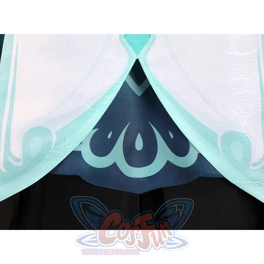 Yaoyao cosplay costume skirt hem detail featuring decorative blue swirl pattern on light fabric