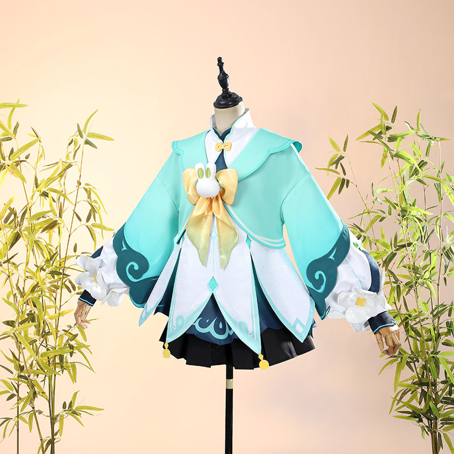 Genshin Impact Yaoyao cosplay costume layers turquoise hooded coat over white top and black pleated skirt.