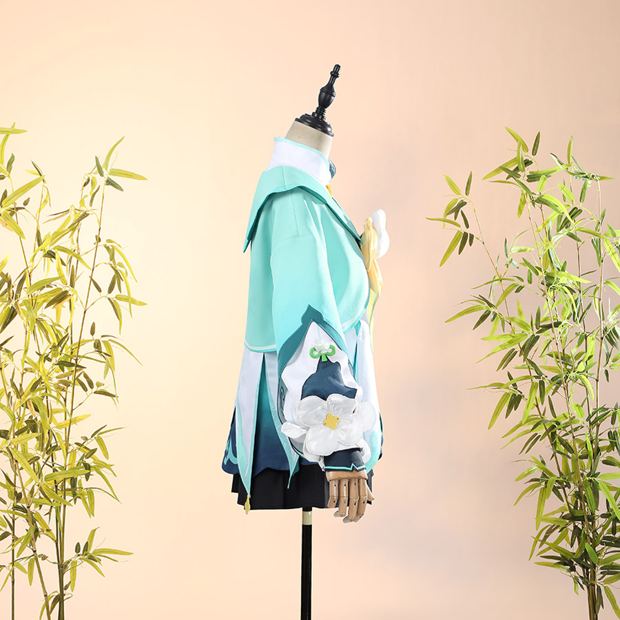 Genshin Impact Yaoyao cosplay top sets multi-layered teal bodice against large white flower sleeve details.