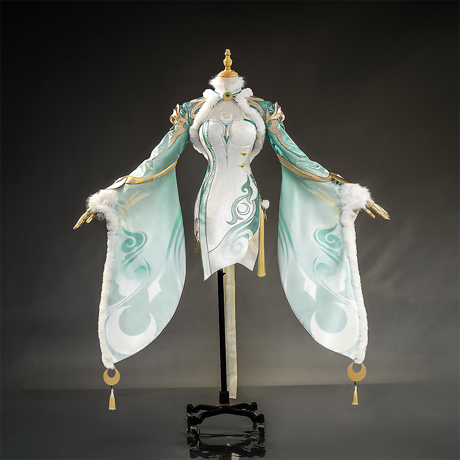 Genshin Impact Zibai cosplay costume front view with white and teal flowing sleeves, gold trim