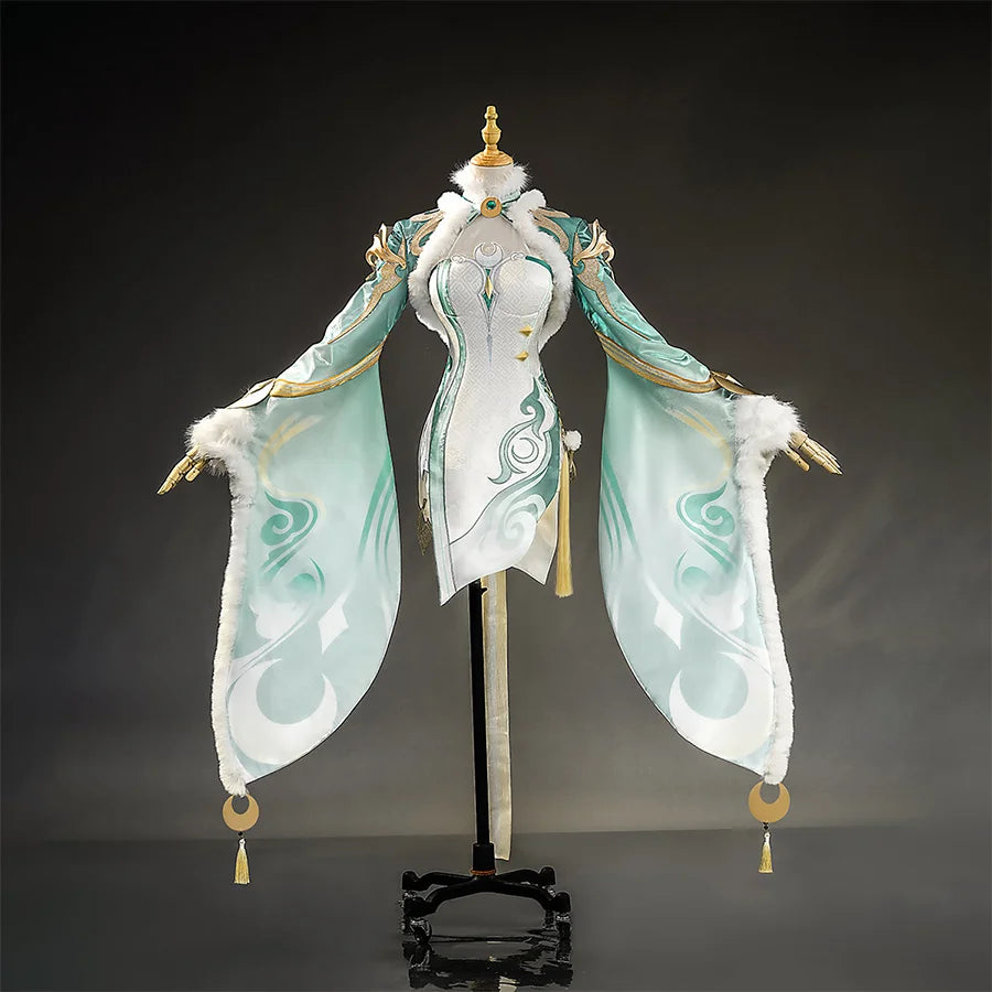 Genshin Impact Zibai cosplay costume front view with white and teal flowing sleeves, gold trim