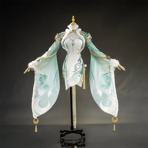 Genshin Impact Zibai cosplay costume front view with white and teal flowing sleeves, gold trim
