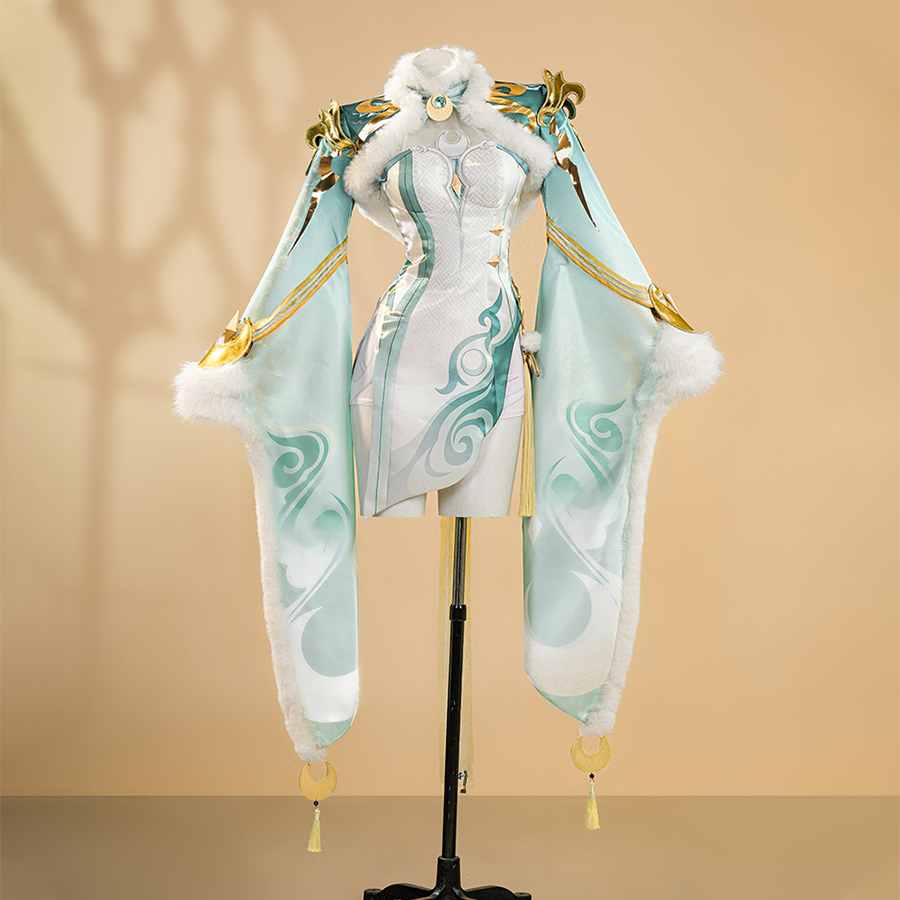 Genshin Impact Zibai cosplay costume front view with flowing turquoise sleeves and gold accents