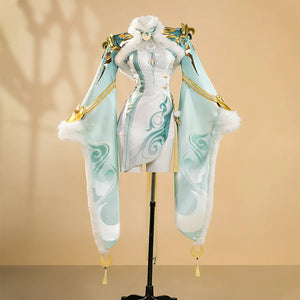 Genshin Impact Zibai cosplay costume front view with flowing turquoise sleeves and gold accents