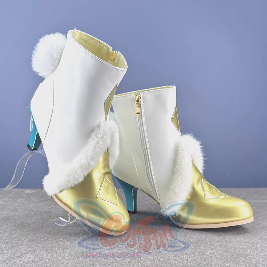 Back view of Zibai cosplay shoes revealing gold interior lining, turquoise heels, and fur pom-poms