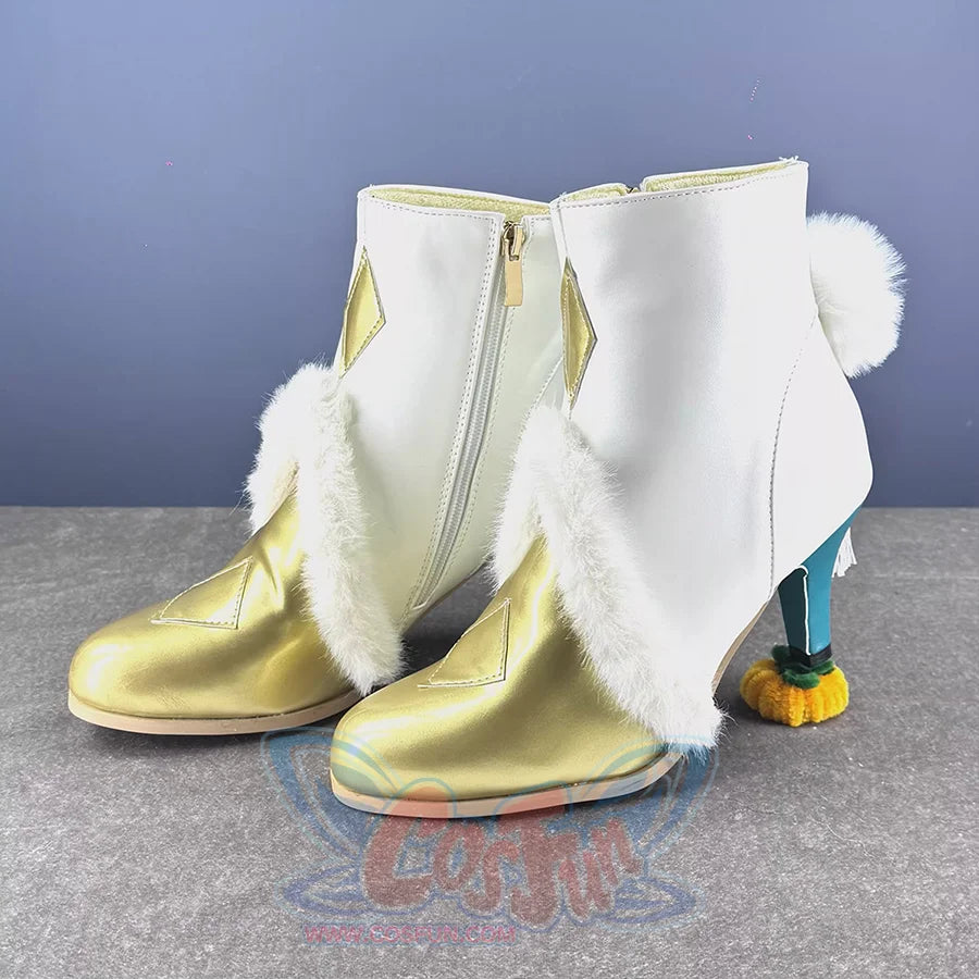 White and gold Zibai cosplay shoes with fluffy white fur trim, front zipper, and golden diamond accents