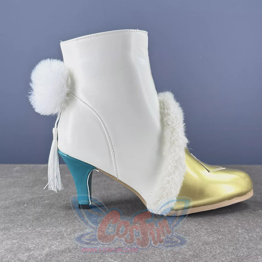 Side profile of Zibai cosplay shoes featuring turquoise heel, white fur trim, and gold toe cap