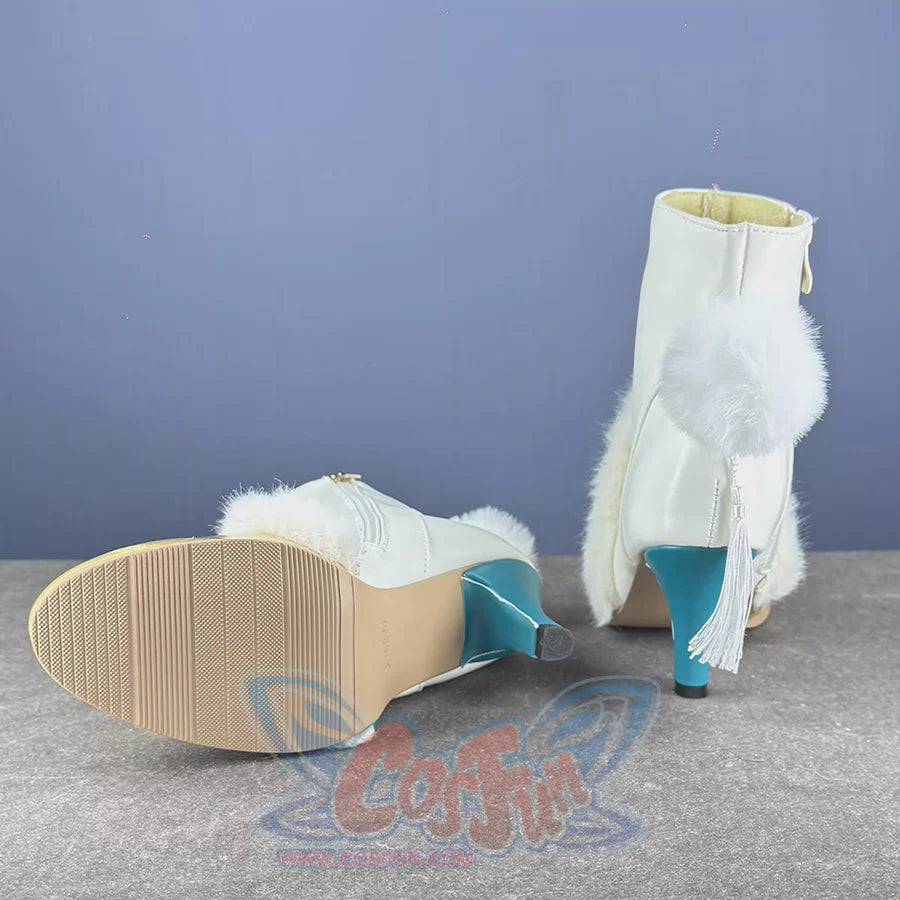 Bottom view of Zibai cosplay shoes displaying textured beige soles with turquoise heel detail