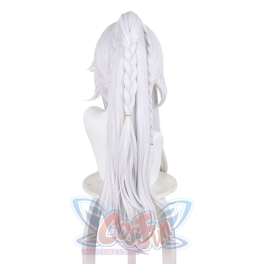 Zibai cosplay wig with long white hair and gold accents displayed on mannequin from front view