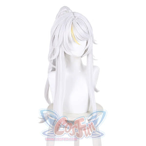Zibai cosplay wig bangs and fringe close-up showing white hair with gold strand highlights