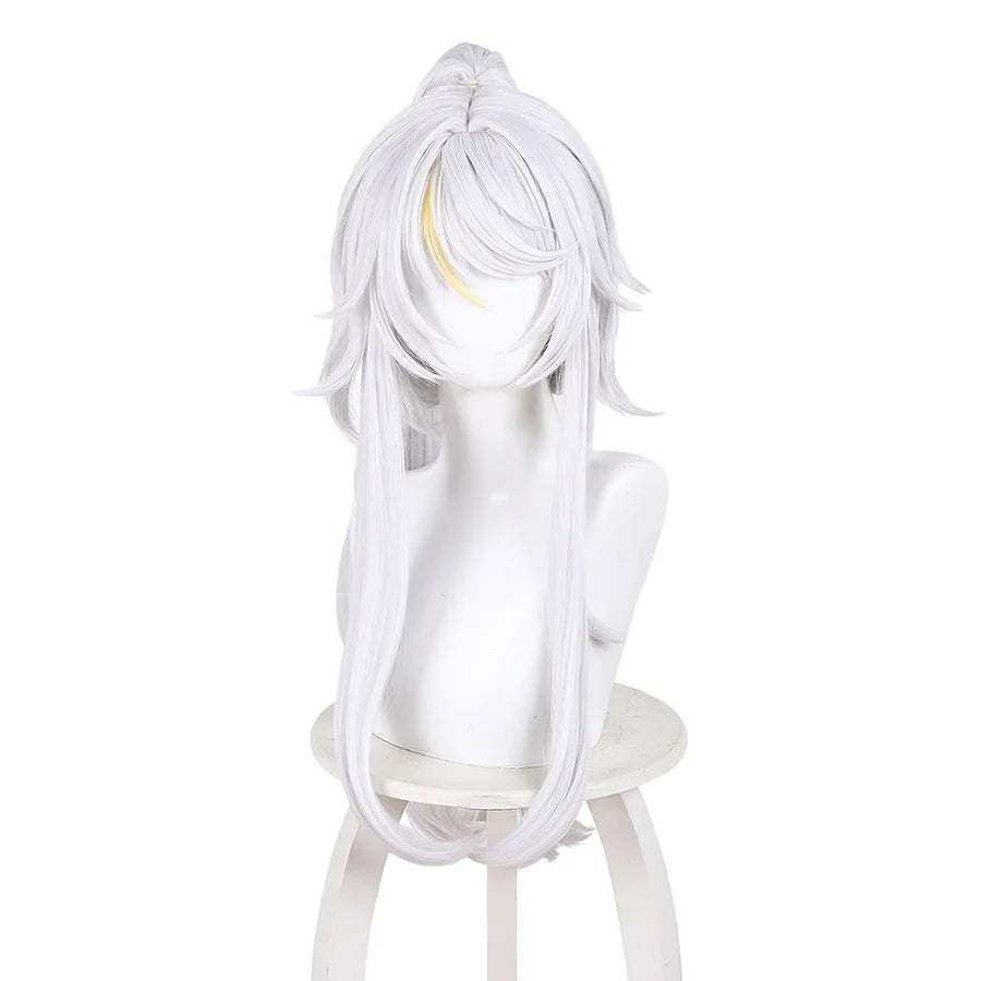 Zibai cosplay wig with long white hair and gold accents displayed on mannequin from front view