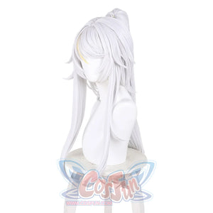Zibai cosplay wig left side view with white long hair and gold strand detail in styled bun