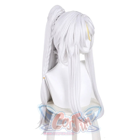 Zibai cosplay wig right side view with white long hair, gold accents and braided bun hairstyle