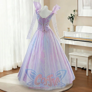 Back view of Glinda cosplay dress displaying embroidered corset lacing and flutter sleeves