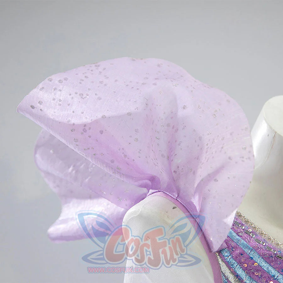 Detail of Glinda cosplay dress sheer purple sleeve with delicate sparkle embellishments