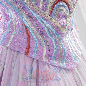 Glinda cosplay dress waistline featuring intricate beadwork and layered embroidered peplum