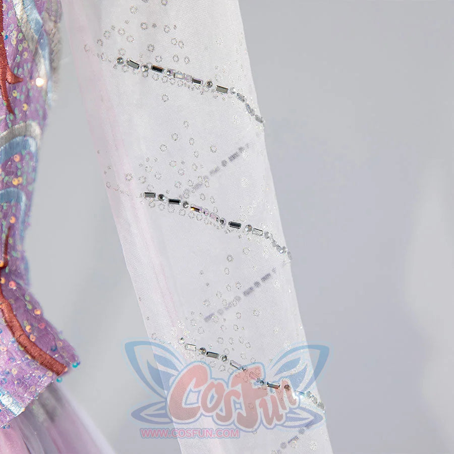 Glinda cosplay dress sheer sleeve detail with delicate crystal and sequin embellishment accents
