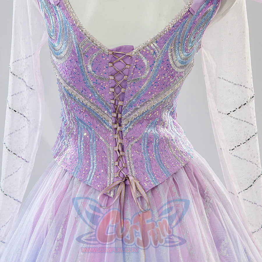 Back of Glinda cosplay dress with purple corset lacing and intricate embroidered detailing