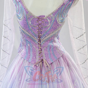 Back of Glinda cosplay dress with purple corset lacing and intricate embroidered detailing