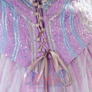 Glinda cosplay dress corset back detail with gold ribbon lacing and embroidered bodice
