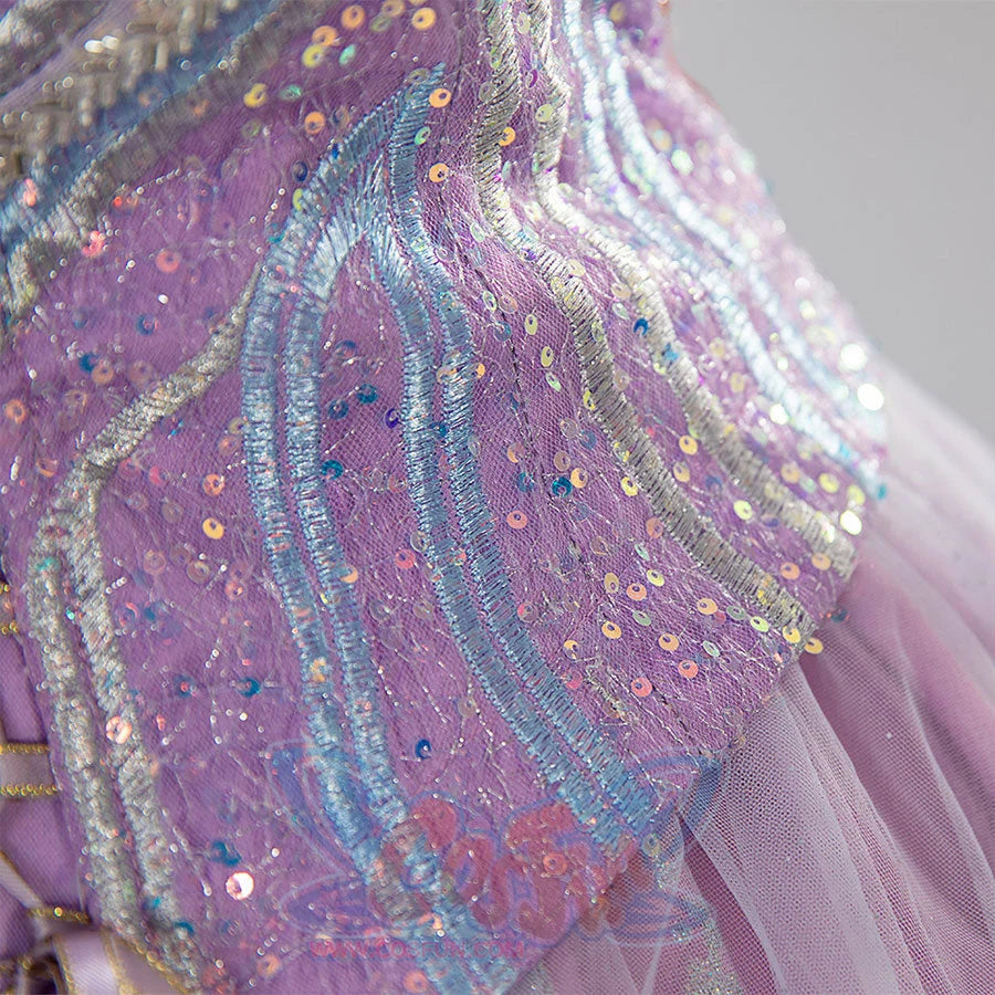 Glinda cosplay dress peplum detail with rainbow embroidered waves and iridescent sequins