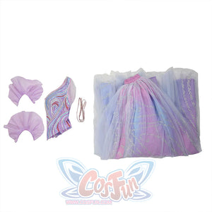 Glinda cosplay dress components flat lay showing embroidered bodice, tulle skirt, and sleeves