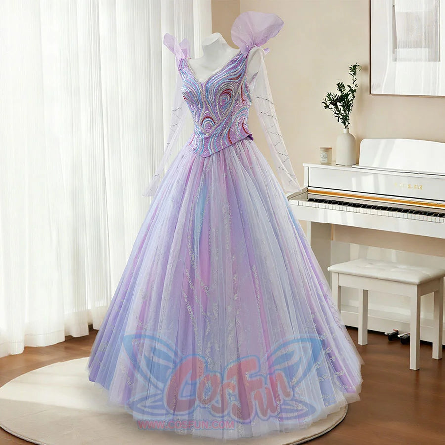 Side view of Glinda cosplay dress showcasing purple embroidered bodice and flowing tulle skirt