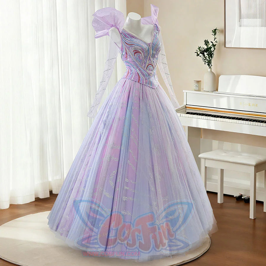 Three-quarter view of Glinda cosplay dress featuring intricate embroidered details on bodice