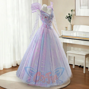 Three-quarter view of Glinda cosplay dress featuring intricate embroidered details on bodice