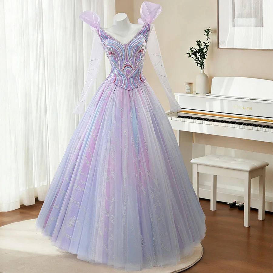 Elegant Glinda cosplay dress with blue and purple gradient, embroidered bodice, and tulle skirt