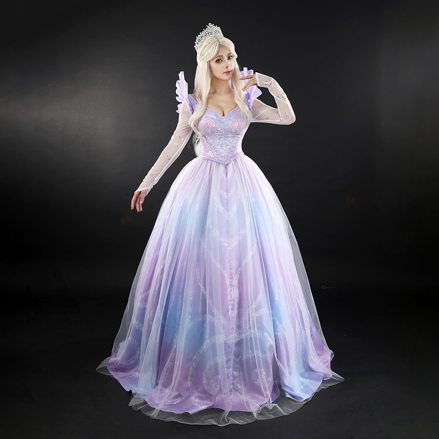 Glinda Cosplay Costume Premium Version, blue and purple dress with white mesh sleeves. 