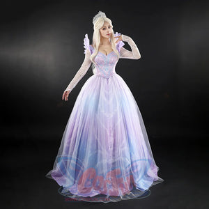 Glinda Cosplay Costume Premium Version, blue and purple dress with white mesh sleeves. 