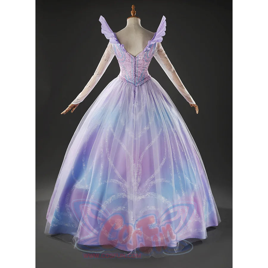 Glinda Cosplay Costume Premium Version, sparkling blue and purple princess gown, back view.