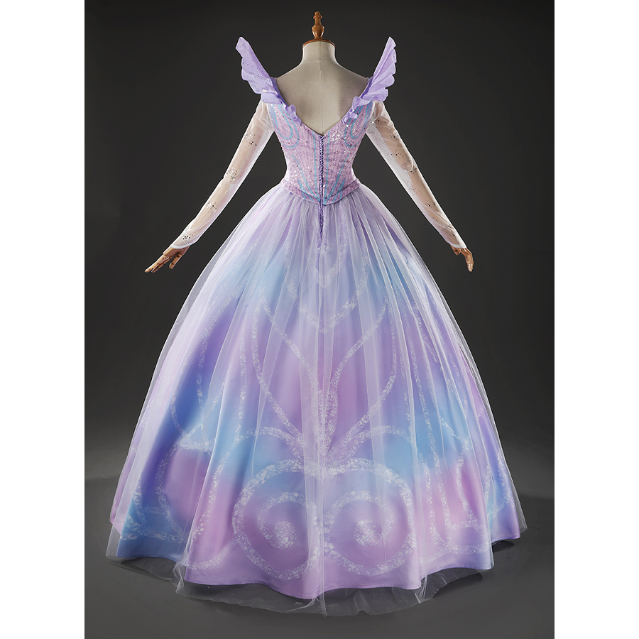 Glinda Cosplay Costume Premium Version, sparkling blue and purple princess gown, front view.