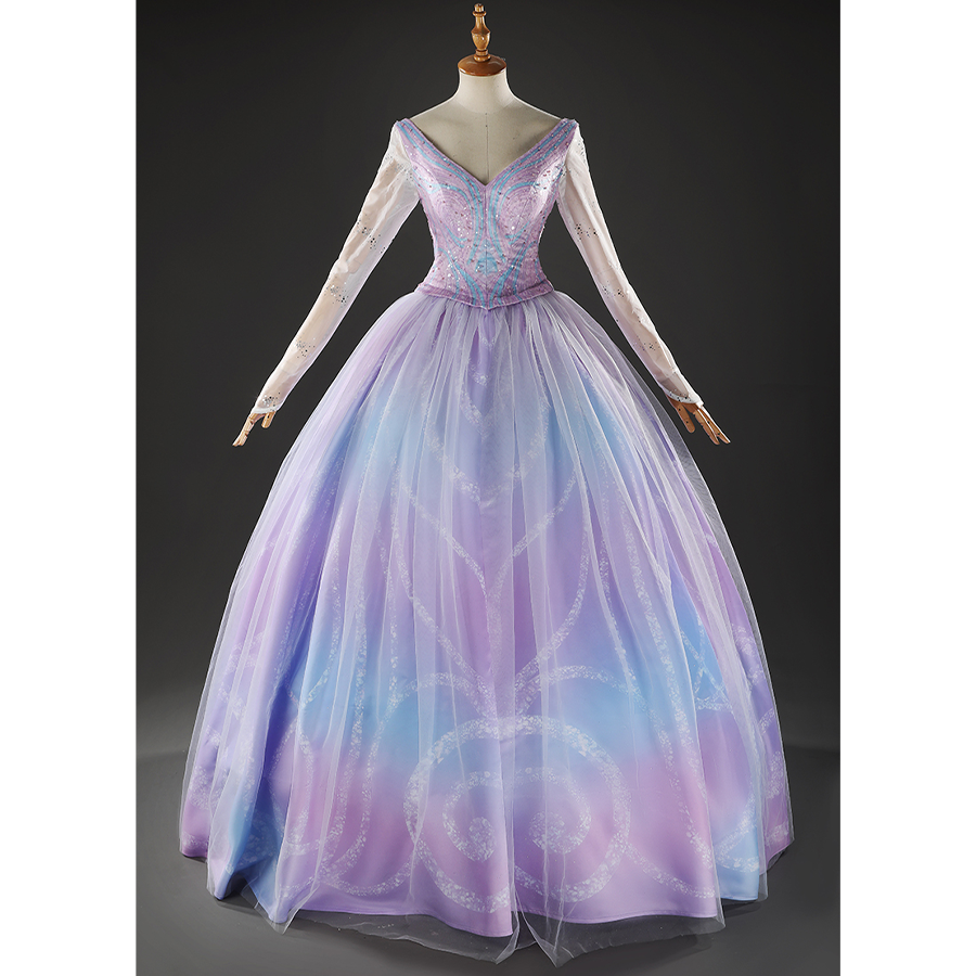 Glinda Cosplay Costume Premium Version, sparkling blue and purple princess gown, front view.