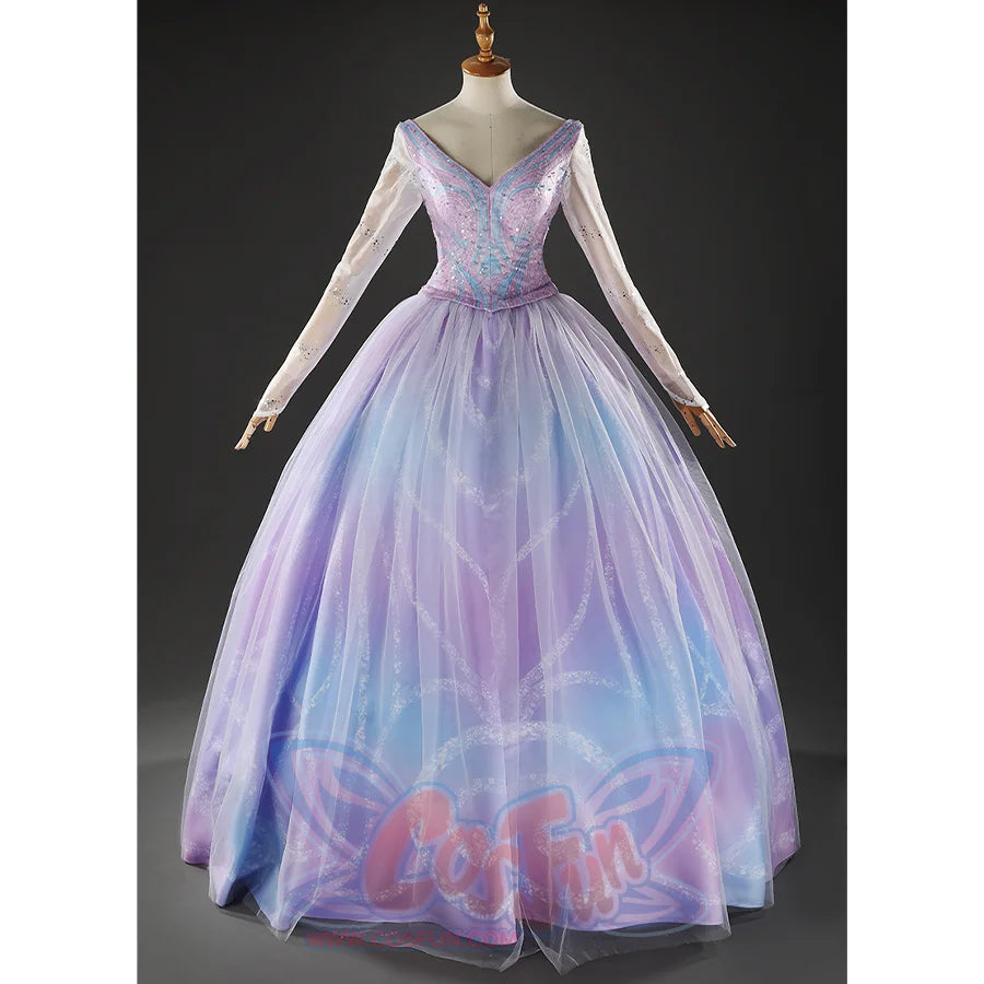 Glinda Cosplay Costume Premium Version, sparkling blue and purple princess gown, front view.