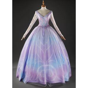 Glinda Cosplay Costume Premium Version, sparkling blue and purple princess gown, front view.