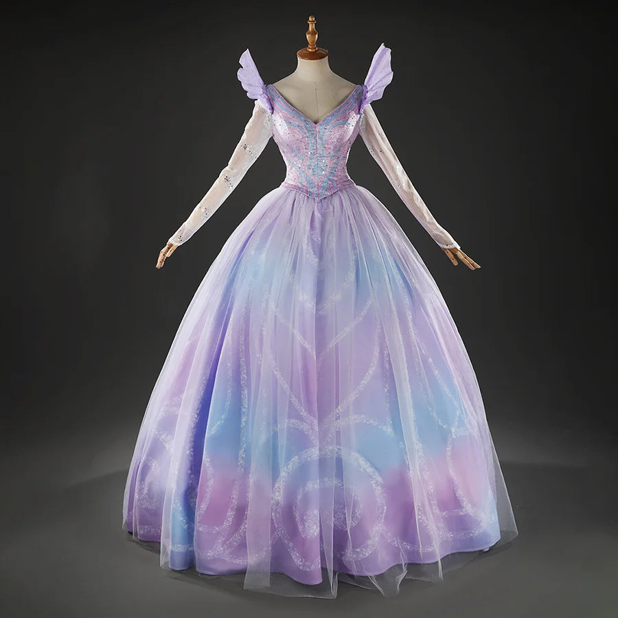 Glinda Cosplay Costume Premium Version, sparkling blue and purple princess gown, front view.