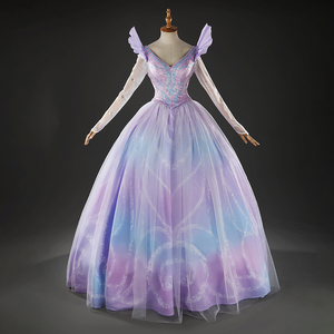 Glinda Cosplay Costume Premium Version, sparkling blue and purple princess gown, front view.