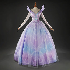 Glinda Cosplay Costume Premium Version, sparkling blue and purple princess gown, front view.