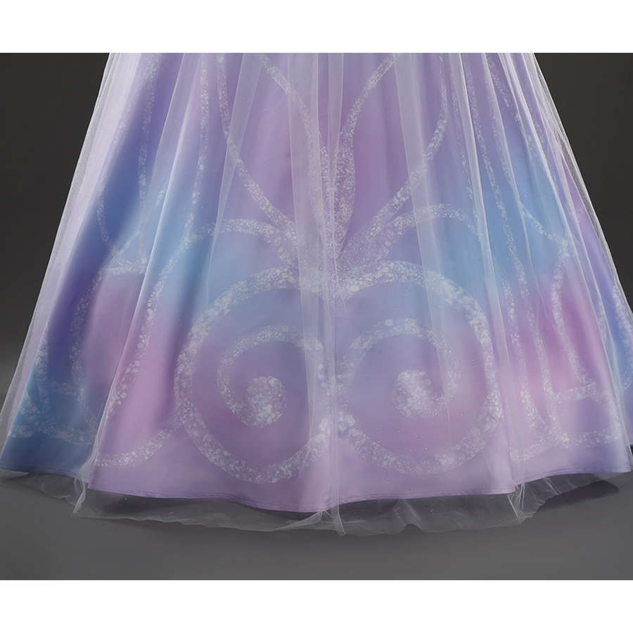 Glinda Cosplay Costume Premium Version, the skirt is double-layered, outer layer is mesh and inner layer featuring a gradient and printed design.