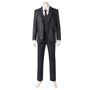 Mannequin presents the complete Gomez Adams cosplay suit, featuring a pinstripe blazer, vest, shirt, tie, and trousers, against a plain white background.