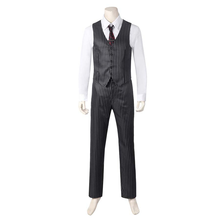 Mannequin displays the Gomez Adams cosplay ensemble centered on the pinstripe vest, paired with a white shirt, tie, and trousers, against a plain white background.